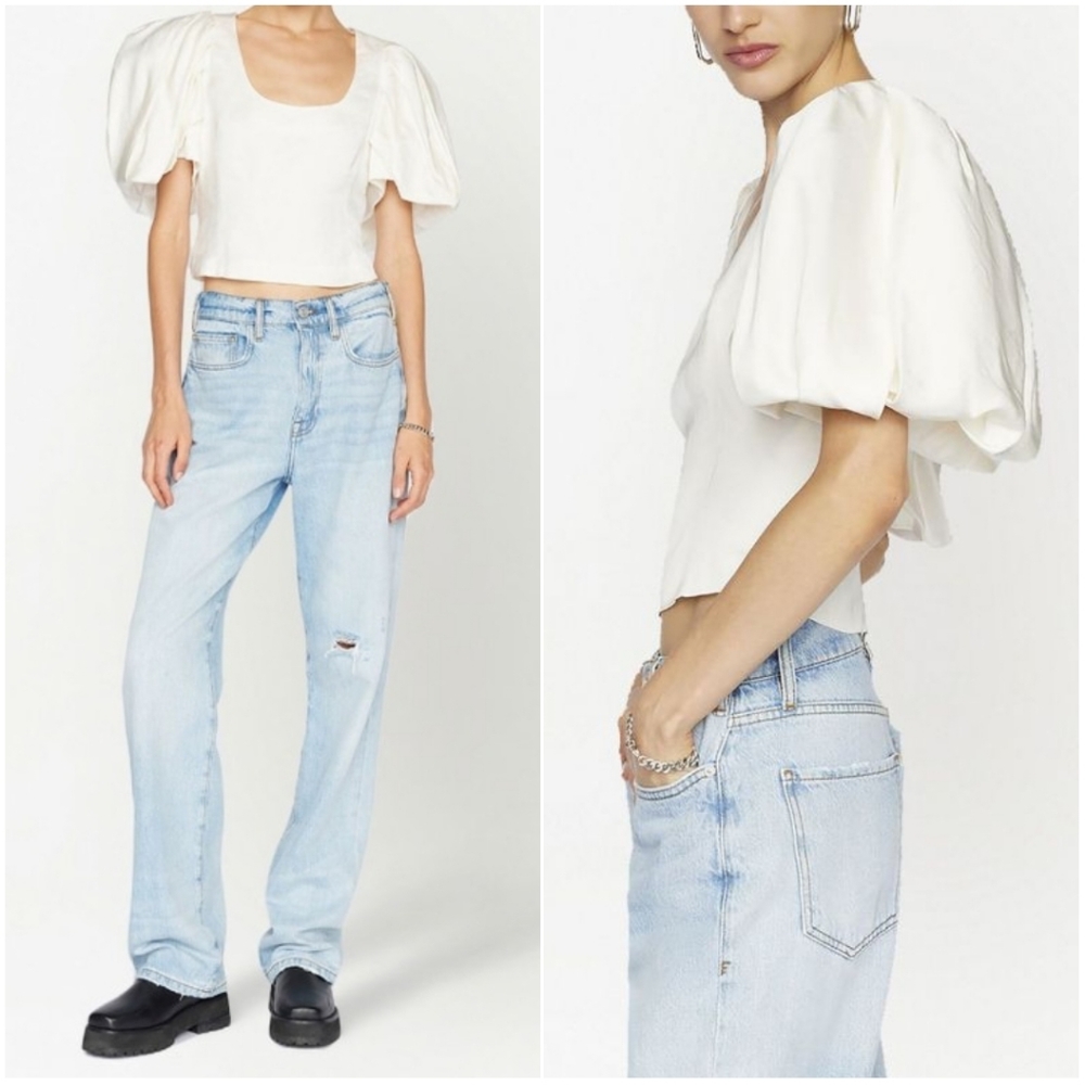 FRAME Puff Sleeve U-Neck Cropped Top | Size S | NWT | Off White | Linen Blend |